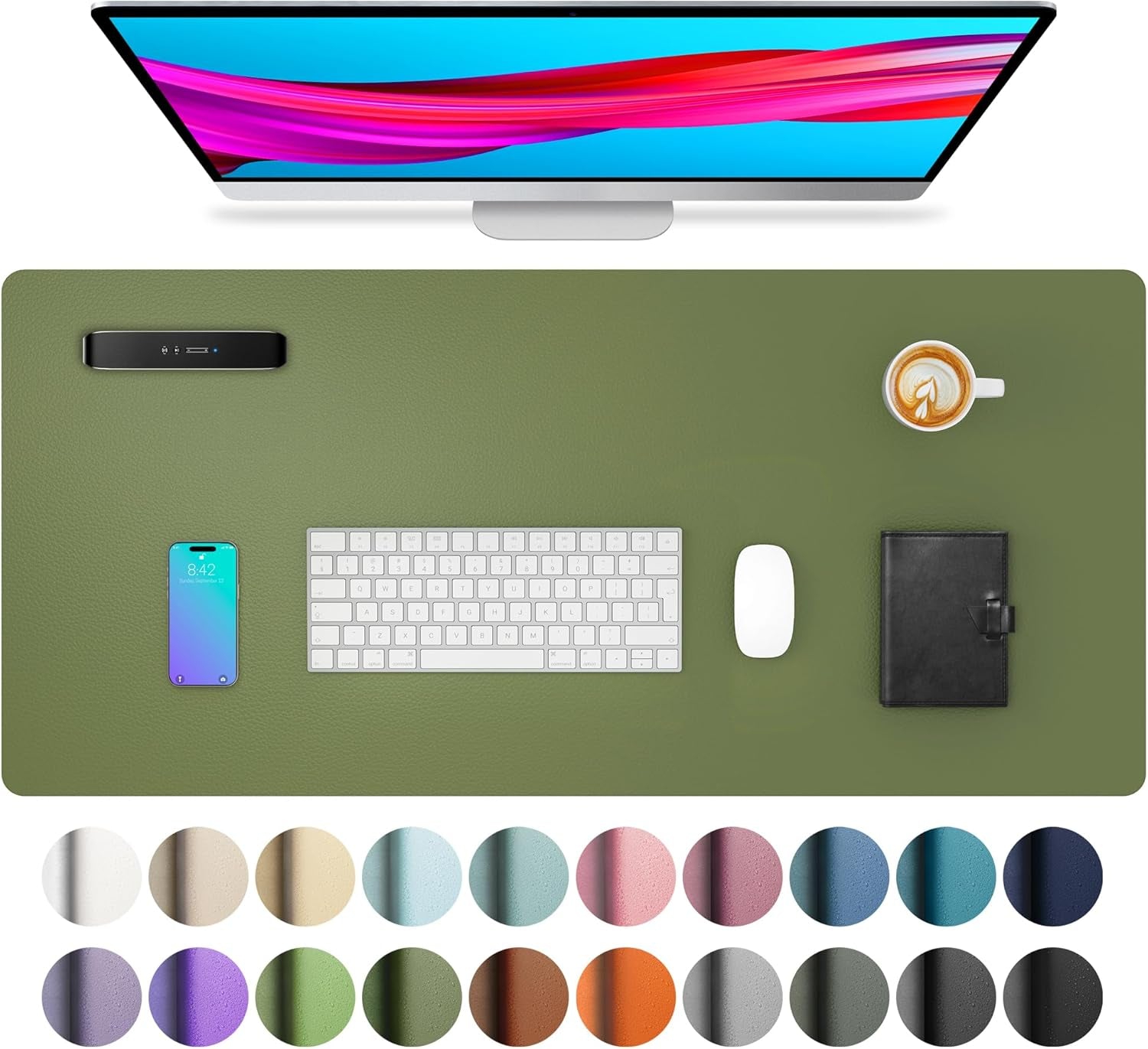 Leather Desk Pad Protector, Mouse Pad, Office Desk Mat, Non-Slip PU Leather Desk Blotter, Laptop Desk Pad, Waterproof Desk Writing Pad for Office and Home (31.5" X 15.7",Olive Green)